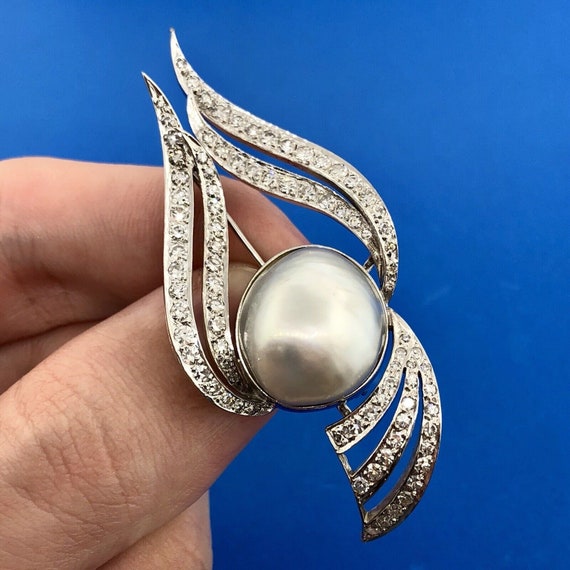 Art Deco 18K White Gold Diamond Gray Mabe Pearl D… - image 1