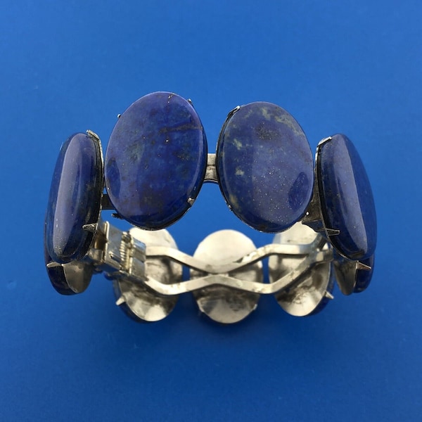 Siman Tu Silver Tone Lapis Lazuli Cabochon Statement Hinged Cuff Bracelet