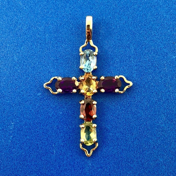 Vintage 10K Yellow Gold Multi Gemstone Cross Pend… - image 1