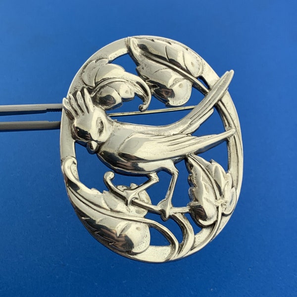 1940's Norseland By Coro 925 Sterling Silver Oval Exotic Bird Flora Pin Brooch