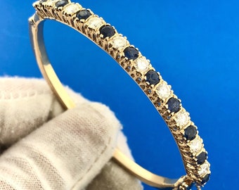 Stunning 14K Yellow Gold Diamond Sapphire September Hinged Bangle Bracelet