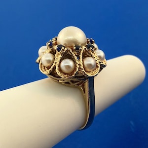 Vintage 14K Gelbgold Perle Sapphire Prinzessin Style Cocktail Ring