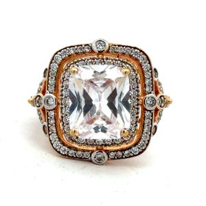 Estate Sterling Silver Gold Vermeil Radiant Cubic Zirconia Halo Cocktail Ring