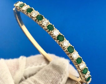 Stunning 14K Yellow Gold Diamond Emerald May Hinged Bangle Bracelet