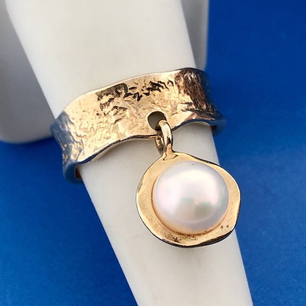 Designer LIRM Israel 925 Sterling Vermeil Pearl Dangle Charm Cocktail Ring