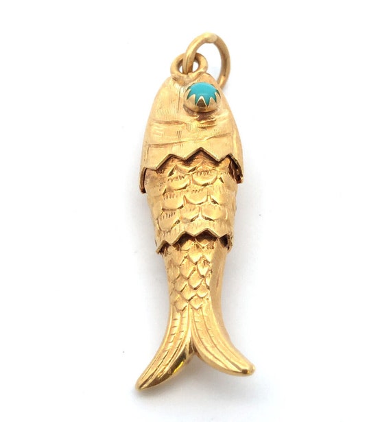 Retro 18K Yellow Gold Turquoise Articulated Fish … - image 3