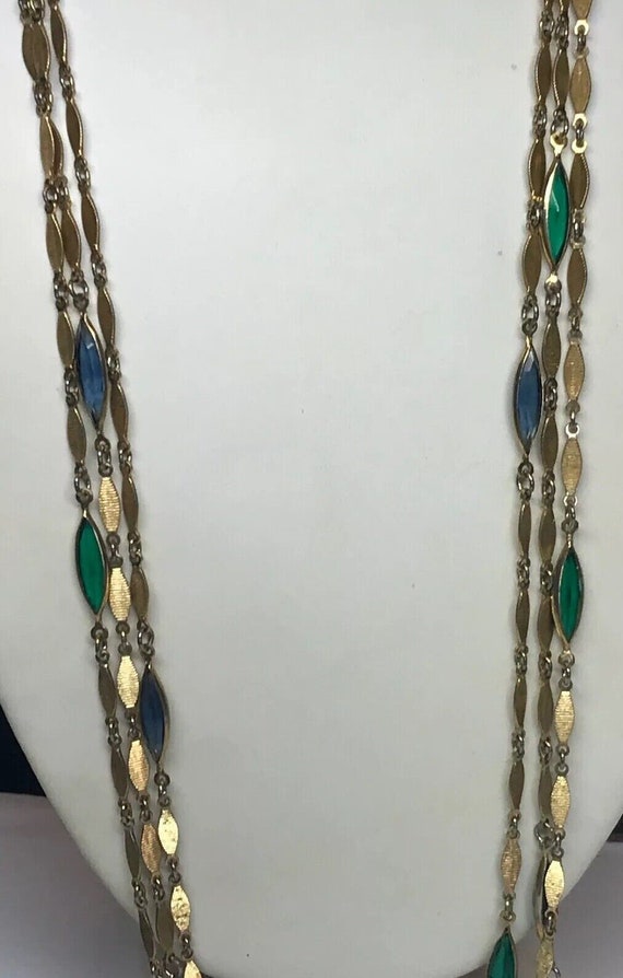 Vintage Gold Tone Blue Green Glass Bead Three Stra