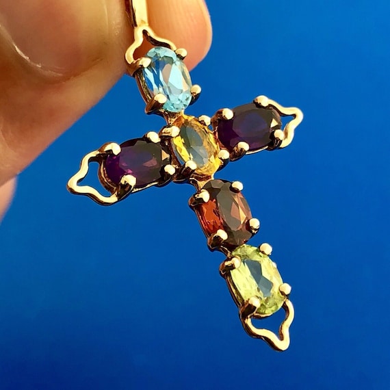 Vintage 10K Yellow Gold Multi Gemstone Cross Pend… - image 6