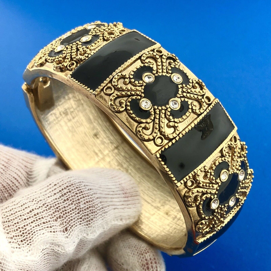 Gorgeous Gold Toned Black Enamel Sparkling Rhinestone 6.5