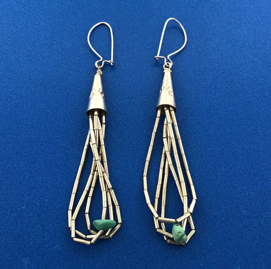 Native American 925 Liquid Sterling Silver Turquoise Bead Drop Dangle ...