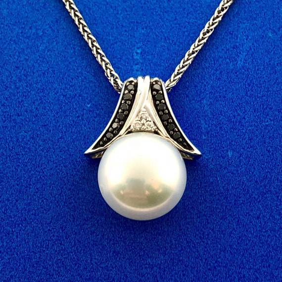 Elegant 14K White Gold Pearl Diamond Black Diamon… - image 1