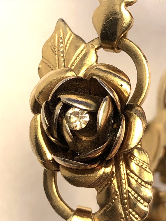 Vintage Gold-Tone Rhinestone Rose Flower Station … - image 3