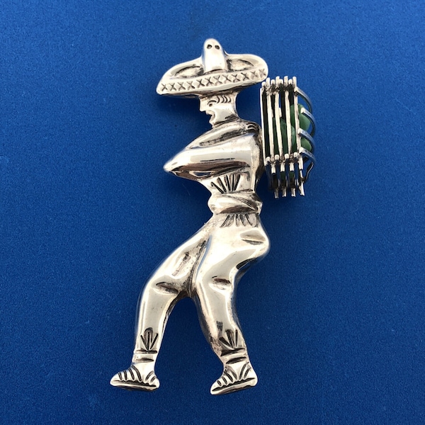 Vintage Sterling Silver Mexico 925 Worker Brooch Pin with Green Beads