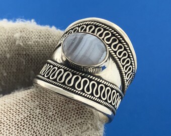 Bague cocktail en argent sterling 925 avec dentelle bleue calcédoine et agate de créateur BA Suarti