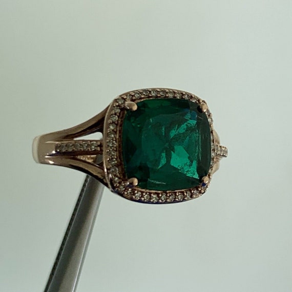 14K Rose Gold Princess Cut Emerald Pave Diamond H… - image 4