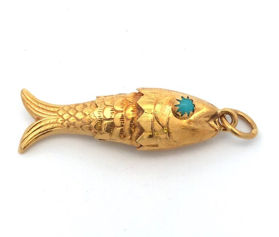 Retro 18K Yellow Gold Turquoise Articulated Fish … - image 1