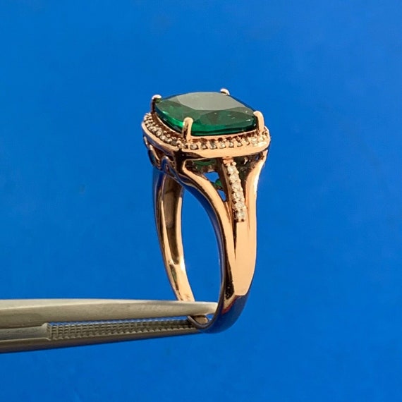14K Rose Gold Princess Cut Emerald Pave Diamond H… - image 3