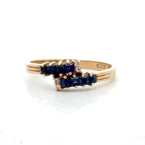 Estate 14k Yellow Gold Blue Sapphire White Diamond Accent Bypass Size 5.5 Ring