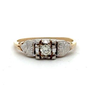 Anillo de compromiso Art Déco de diamantes bicolores en oro amarillo de 14 k, talla 6,25