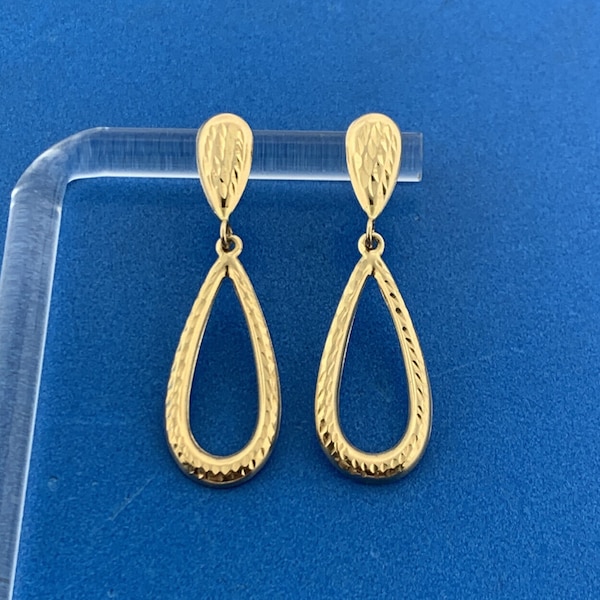 Designer JJT 14K Yellow Gold Etched Diamond Cut Design Pear Dangle Drop Earrings