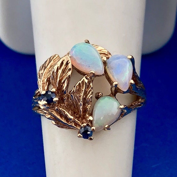 Vintage 10K Yellow Gold Opal Sapphire October Lea… - image 2
