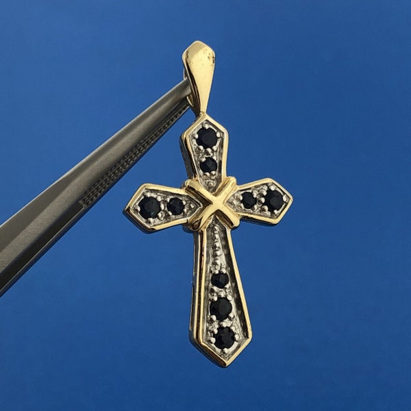 Designer JJT Vermeil Sterling Silver 925 Round Cut Sapphire Cross Faith Pendant