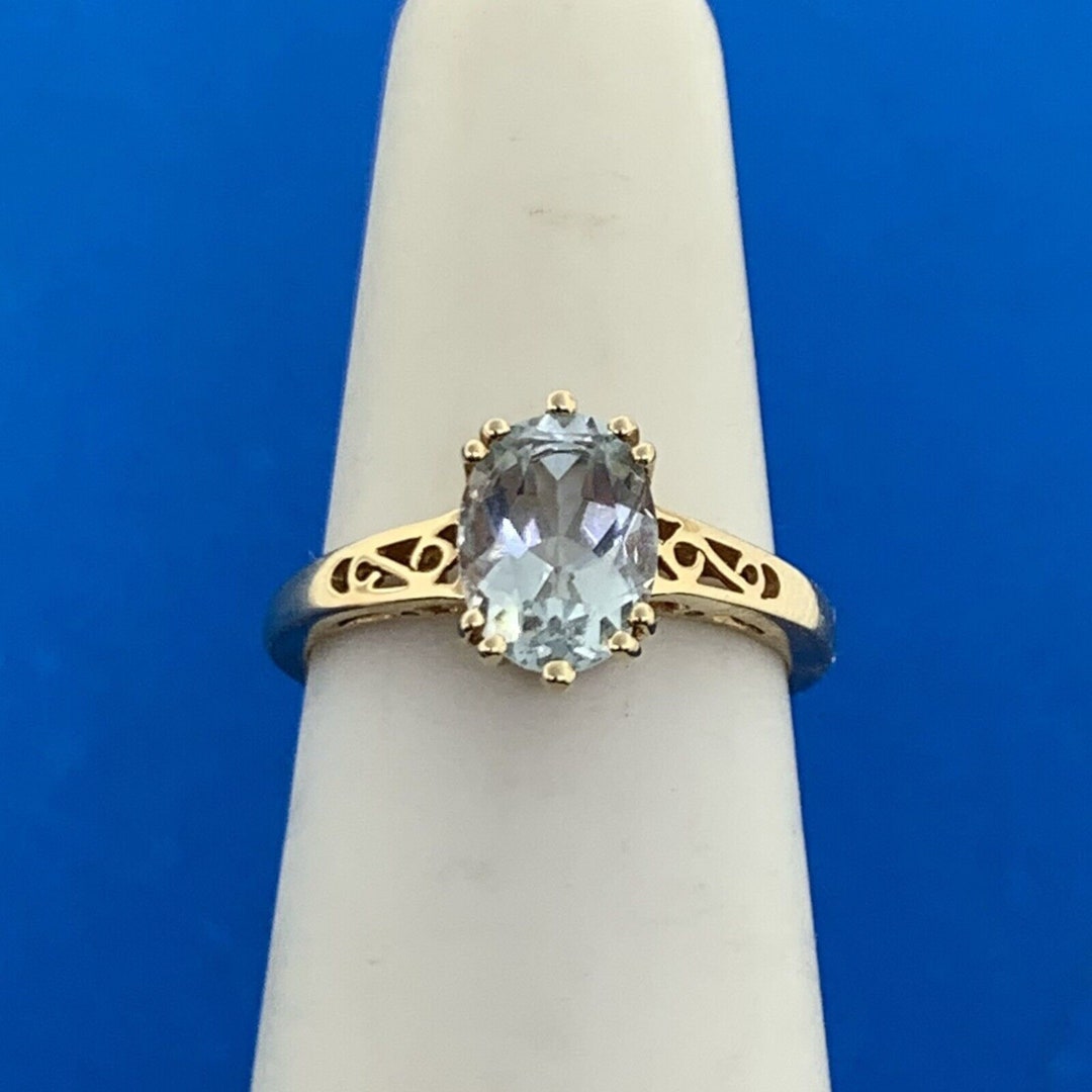14k Yellow Gold Oval Aquamarine Ring - 6x4mm Genuine Stone, Size 8, Gift Box Included