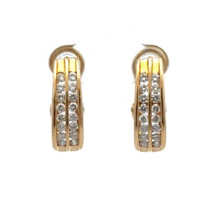 Designer 14K Yellow Gold Round Diamond Oval Omega Back Half Hoop Earrings