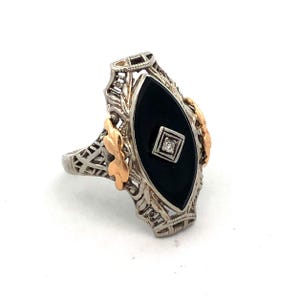 Vintage 14K White Yellow Gold Two Tone Black Onyx Diamond Art Deco Oval Ring