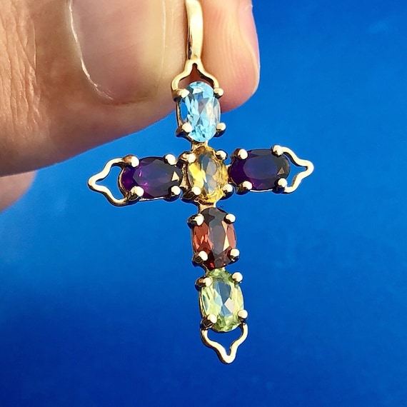 Vintage 10K Yellow Gold Multi Gemstone Cross Pend… - image 5