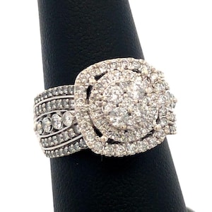 Designer IKS 10K White Gold Round Diamond Cluster Halo Statement Engagement Ring