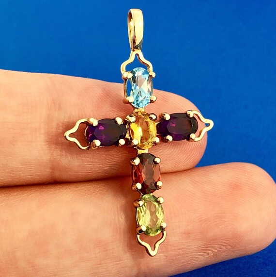 Vintage 10K Yellow Gold Multi Gemstone Cross Pend… - image 4