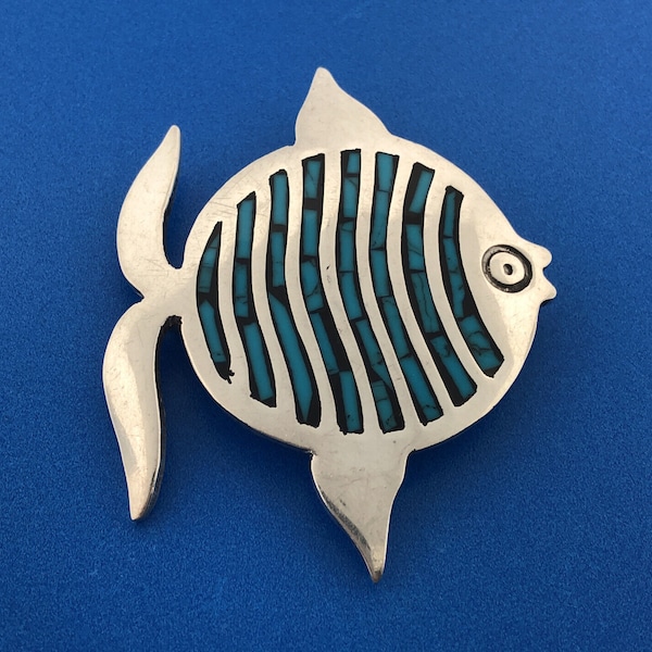 Taxco Mexico TV-01 EVC Sterling Silver Turquoise Inlay Fish Statement Pin Brooch