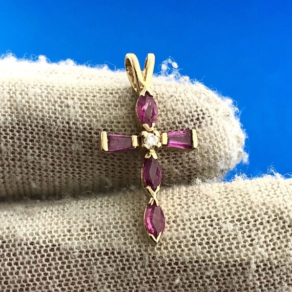 Vintage 14K Yellow Gold Ruby Diamond Cross Religi… - image 1