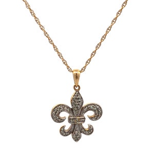 Designer 14K Yellow White Gold Diamond Fleur De Lis Pendant Necklace
