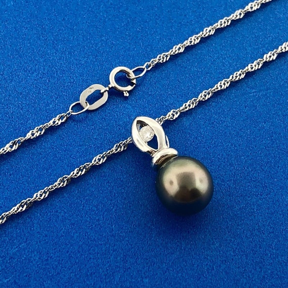 14k White Gold Tahitian Pearl Pendant Necklace wi… - image 1