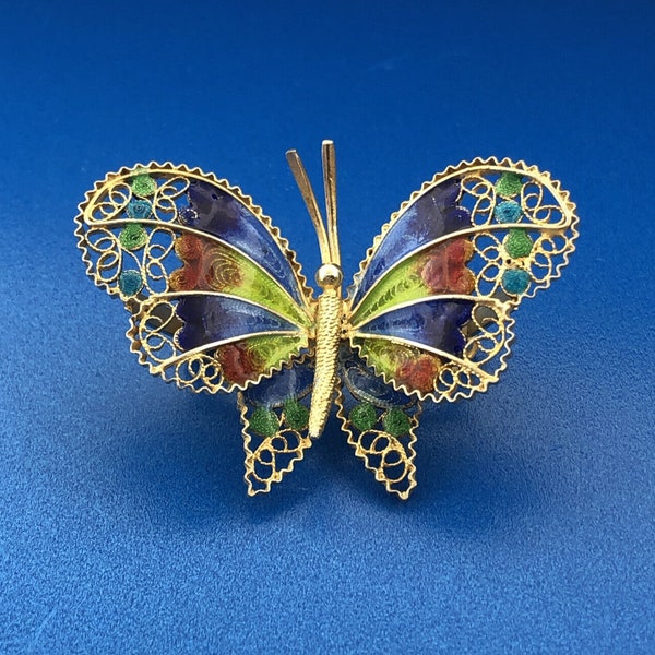 Italian Art Deco 800 Silver Multi Color Enamel Filigree Butterfly Brooch Pendant