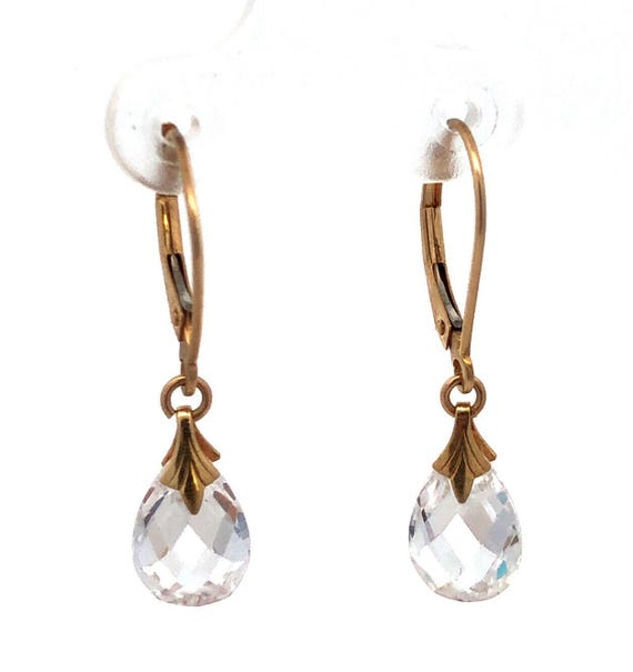 Designer JCM 14K Yellow Gold Cubic Zirconia Teardrop Leverback Dangle  Earrings
