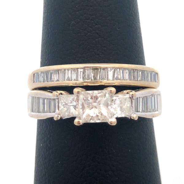 ZEI 14K White Gold Princess Cut Diamond Channel Set Accent Bridal Band Ring Set