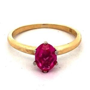 Estate 18K Yellow Gold Oval Pink Ruby Solitaire July Birthstone Anniversary Ring