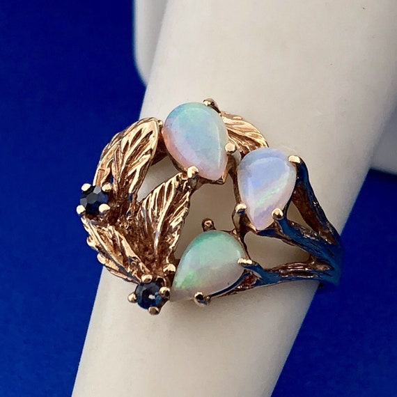 Vintage 10K Yellow Gold Opal Sapphire October Lea… - image 3