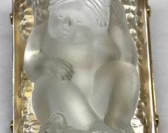 Vintage LALIQUE Gold Tone Frosted Carved Art Glass Infant Angel Pin Brooch