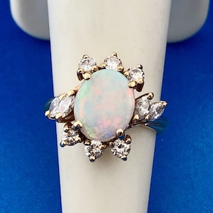 Vintage Estate NEI 14k Yellow Gold Fire Opal Diamond Accented Ring Size 5.5