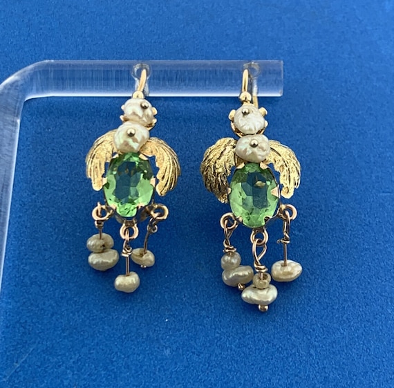 Art Nouveau 10K Yellow Gold Green Glass Baroque P… - image 1