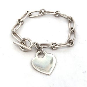 925 Sterling Silver Paperclip Heart Tag Charm Chain Toggle Bracelet