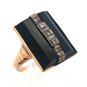 Art Nouveau Art Deco 10K Yellow Gold Diamond Black Onyx Statement Cocktail Ring