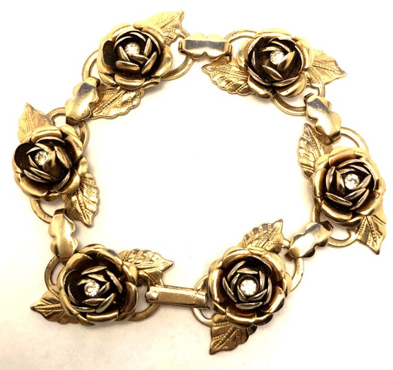 Vintage Gold-Tone Rhinestone Rose Flower Station … - image 1