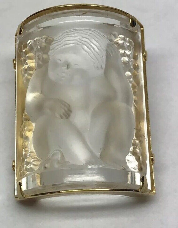 Vintage LALIQUE Gold Tone Frosted Carved Art Glass Infant Angel