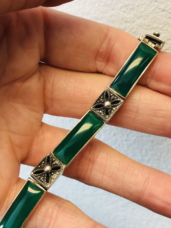 Art Deco Sterling Silver 925 Green Resin Marcasit… - image 2