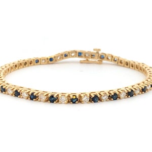 Vintage 14K Yellow Gold Round Blue Sapphire Diamond Statement Tennis Bracelet
